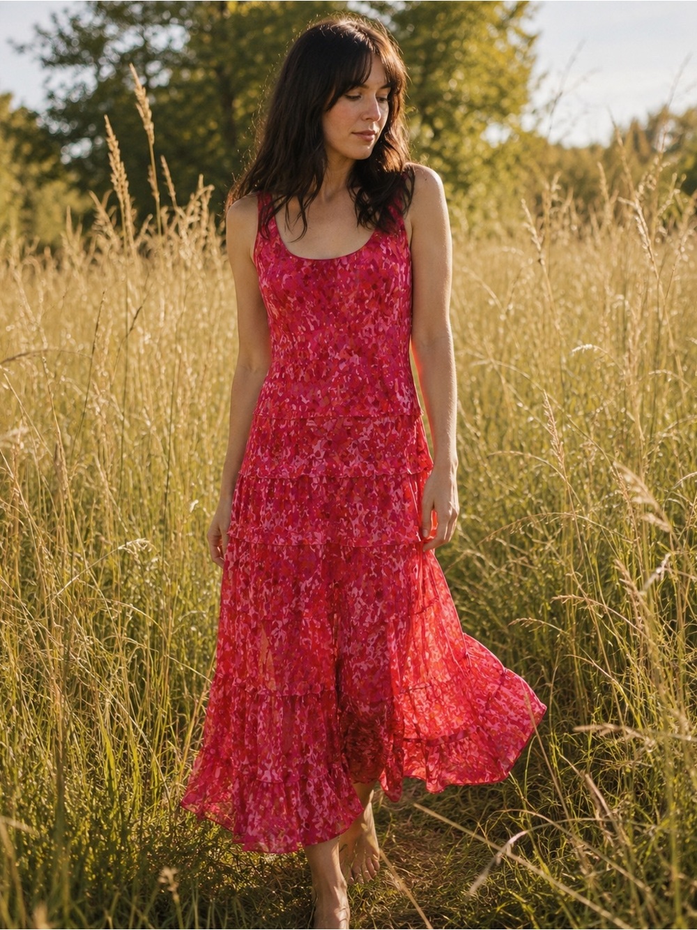 Vintage Jones New York Pink floral scoop neck tiered chiffon maxi/midi dress 12